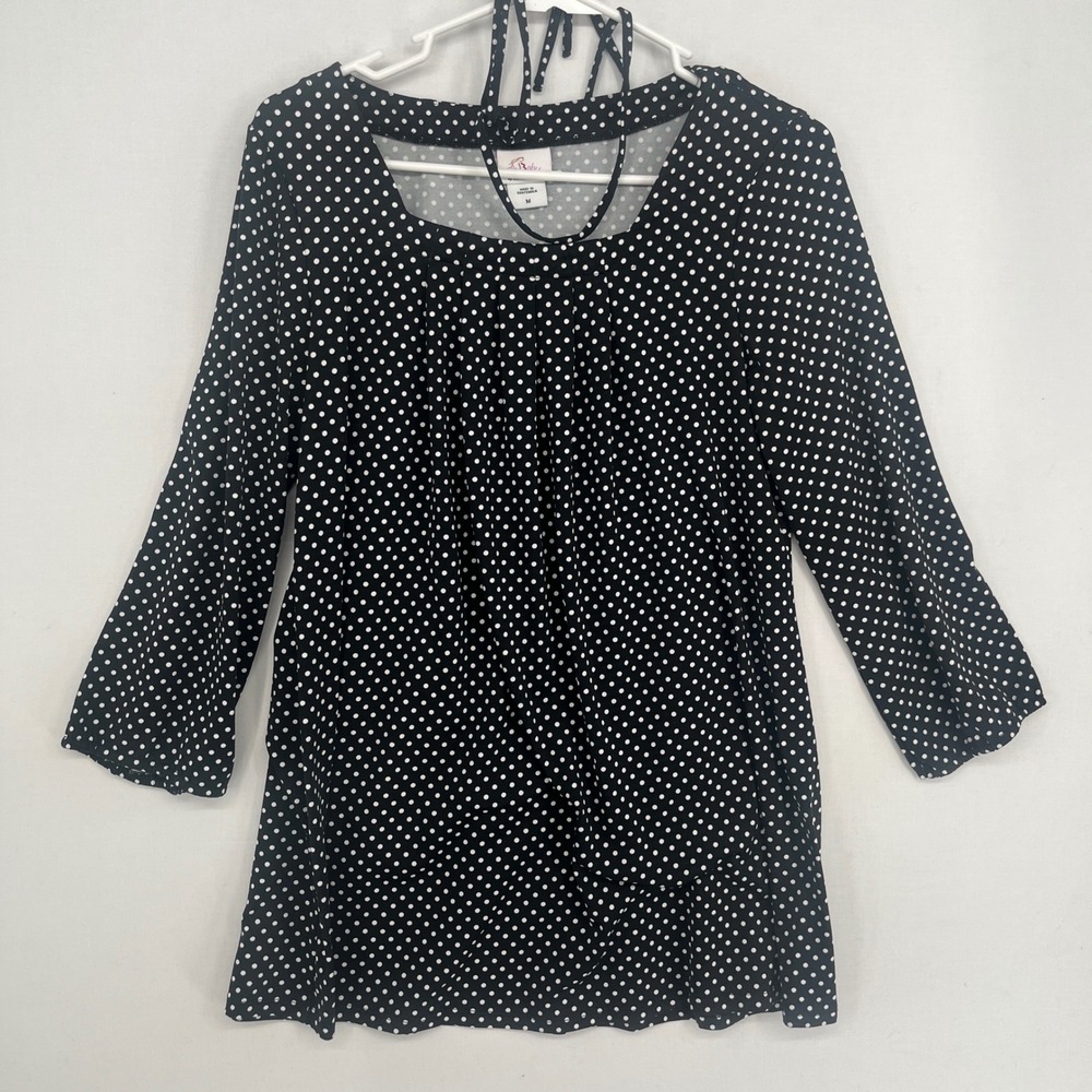 Oh Baby by Motherhood Maternity Top Black Polka Dot 3/4 Sleeve Blouse Size M